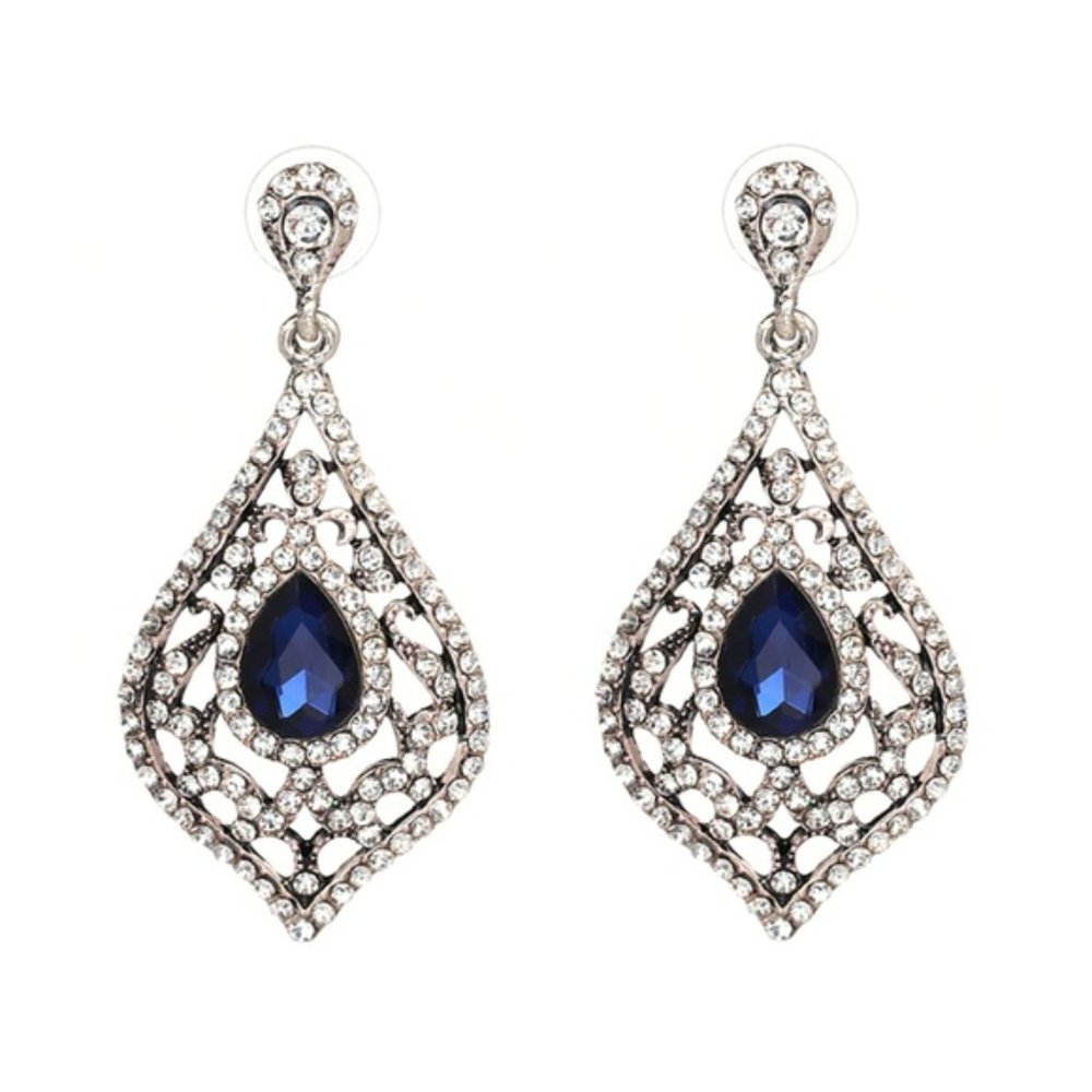 NEW  Blue Sapphire White Crystals Vintage Style Bridal Statement Earrings